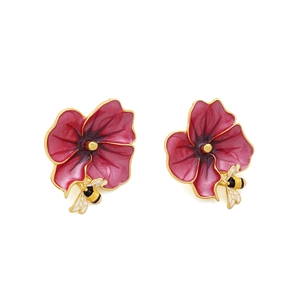 Vintage enamel bee and magenta flower stud earrings with gold plating for women