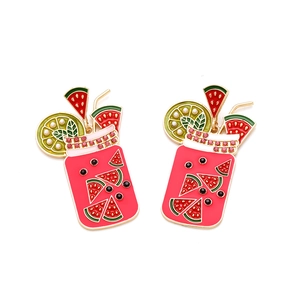 Watermelon juice glass earrings with colorful crystals and summer fruit drip oil pendants