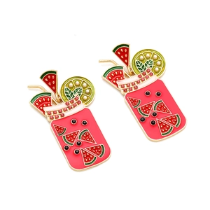 Detail of watermelon juice can earrings with colorful crystals and enamel finish
