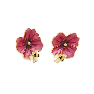 Retro floral stud earrings with rose red enamel flowers and 3D golden bees on white background