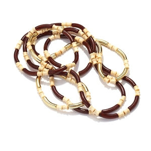 Bohemian multilayered wood and resin bead bracelet with gold accents for women