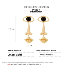 Detail view of surrealist eye nose and lips earrings with size specs and zinc alloy texture