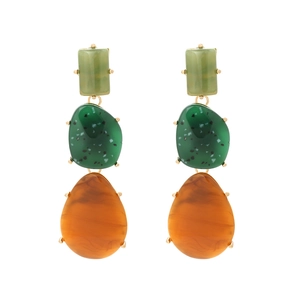 Three-tier geometric resin drop earrings in green and amber with gold-tone settings