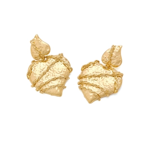Vintage golden alloy heart earrings with hammered texture and metal chain wrap detail
