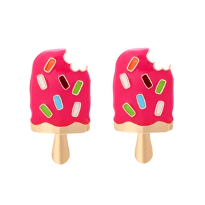 Cute enamel ice cream stud earrings with colorful striped patterns in pink and gold