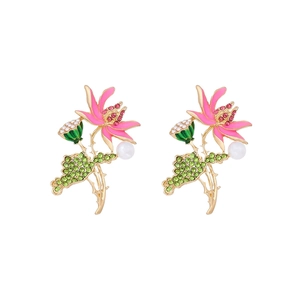 Chinese style gold lotus earrings with pink enamel flower petals and white imitation pearls