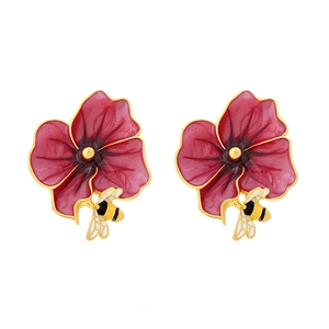 Vintage enamel orchid earrings with bee detail, red floral studs in gold-plated alloy