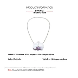 Detail of purple orchid flower pendant necklace with 86cm silver chain and size specs