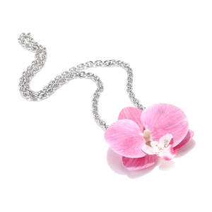 Detail of pink orchid pendant with gradient petals on a silver chunky link chain