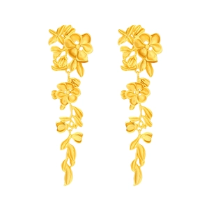 Boucles d'oreilles pendantes dorées rétro avec feuilles en alliage et fleurs en relief