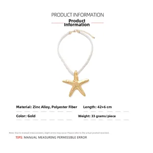 Detailed size chart for golden starfish pendant necklace with white polyester rope chain