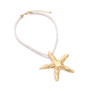 Elegant gold starfish pendant necklace with white silk twisted cord for beach fashion