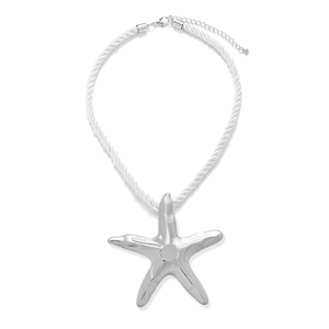 Chic silver starfish pendant necklace with white twisted rope cord for beach style