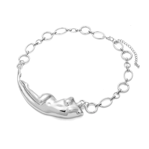 Silver liquid metal woman body necklace with artistic abstract female figure pendant