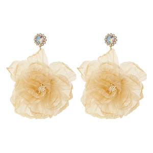 Handmade beige organza flower earrings with crystal studs and pearl center accents