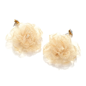 Detailed view of handmade champagne organza flower earrings with pearl and crystal center