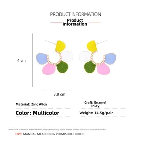 Detailed size specifications for five-petal colorful flower earrings with faux pearls