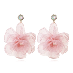 Large Organza Flower Drop Earrings With Rhinestones Alloy Elegant French Style Jewelry For Women