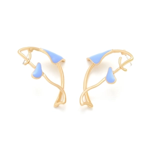 Minimalist gold alloy fish earrings with light blue enamel in abstract fluid design
