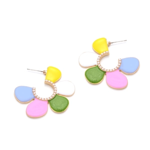 Detail of multi-color enamel flower stud earrings with elegant white pearl trim