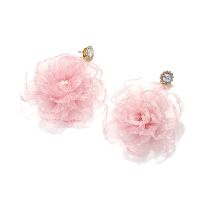 Macro view of pink organza flower earrings with rhinestone center and layered petals