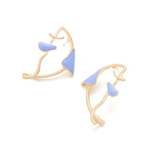 Detail of minimalist tropical fish earrings with gold finish and light blue enamel work