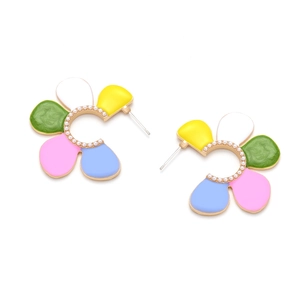 Colorful floral C-shaped stud earrings with enamel petals and pearl inner lining