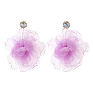 Elegant purple organza flower drop earrings with rhinestone studs and golden rings