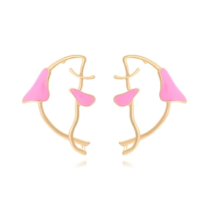 Elegant gold-tone ballet dancer stud earrings with pink enamel finish on white background