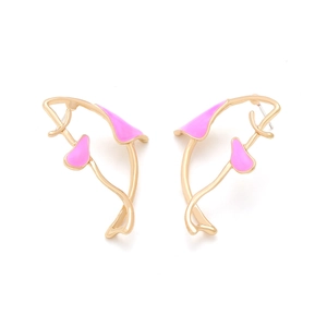 Detailed view of pink enamel tropical fish earrings with elegant gold alloy frames