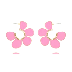 Pink enamel flower stud earrings with gold edges and small white pearls on white background