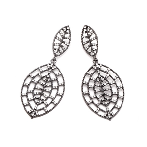 Vintage hollow leaf drop earrings in gunmetal alloy with sparkling rhinestones