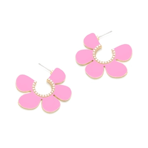 Sweet pink enamel flower stud earrings with white pearl petals and gold edges
