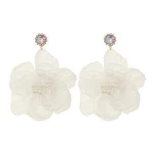 Handmade white organza flower earrings with shimmering rhinestone studs and colorful gems