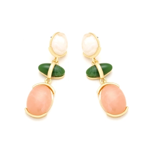 Three-tier colorful resin drop earrings with cream, green and pink stones in gold metal setting
