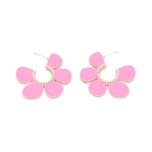 Detail of pink enamel flower earrings with gold plating and miniature pearl accents