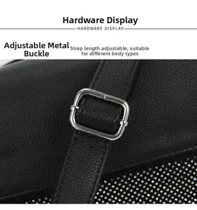 Close-up of adjustable silver metal buckle on black lychee grain leather handbag strap