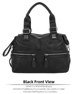 Front view of black soft leather tote bag with dual zipper pockets and silver hardware