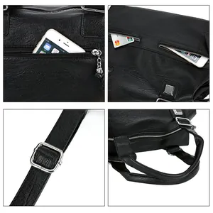 Detail of black lychee leather bag showing silver zippers and interior phone pockets
