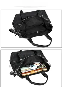 Detail view of large capacity black PU leather bag interior with multiple compartments