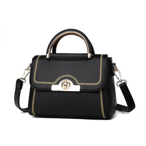 Schwarze Handtasche aus PU-Leder mit goldener Blattstickerei und Metallgriff
