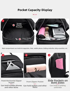 Vue détaillée de l'intérieur du sac à dos noir montrant le rangement et la grande capacité