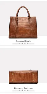 Detail view of brown crocodile-embossed tote bag with scarf handle and gold metal feet