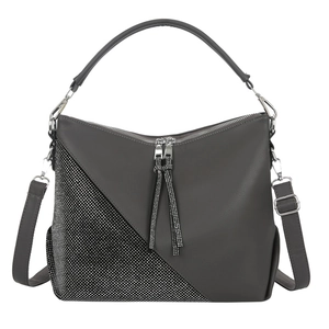 Dark gray hobo bag with sparkling rhinestones and tassels in a centered studio view