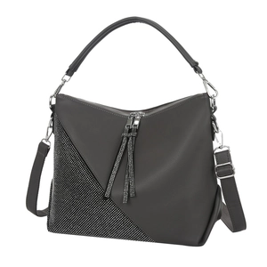 Grey rhinestone studded crossbody bag with tassels and lychee texture leather detail