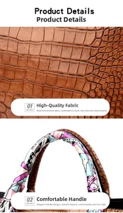 Macro detail of brown crocodile texture leather and silk scarf wrapped handle