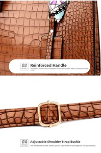 Detail of brown crocodile pattern handbag with silk scarf handle and golden metal buckles