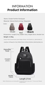 Spécifications détaillées de taille du sac à dos en oxford avec dimensions et coloris
