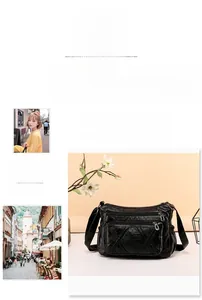 Close-up of quilted black PU leather crossbody bag featuring multiple zipper compartments