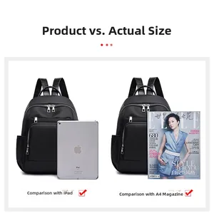 Sac à dos en nylon noir imperméable montrant la capacité pour magazines A4 et tablettes